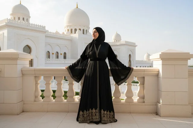 امرأة إماراتية بعباءة سوداء على شرفة مطلة على البحر