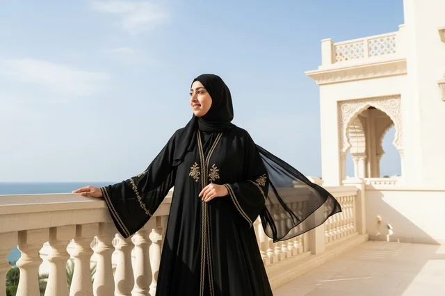 Emirati Woman in Black Abaya on Balcony with Sea View Emirati Woman in Black Abaya on Balcony with Sea View