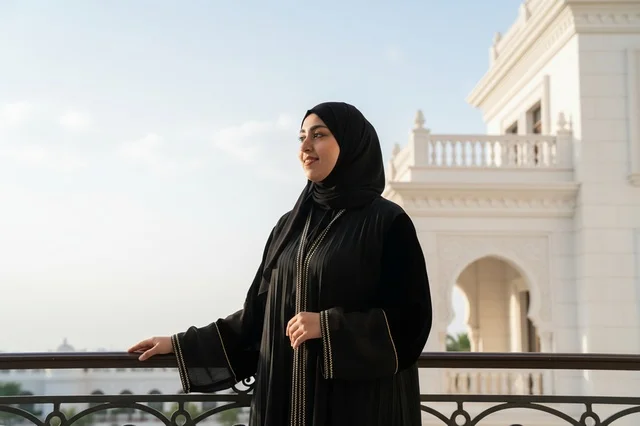 امرأة سعودية بالعباءة السوداء على شرفة