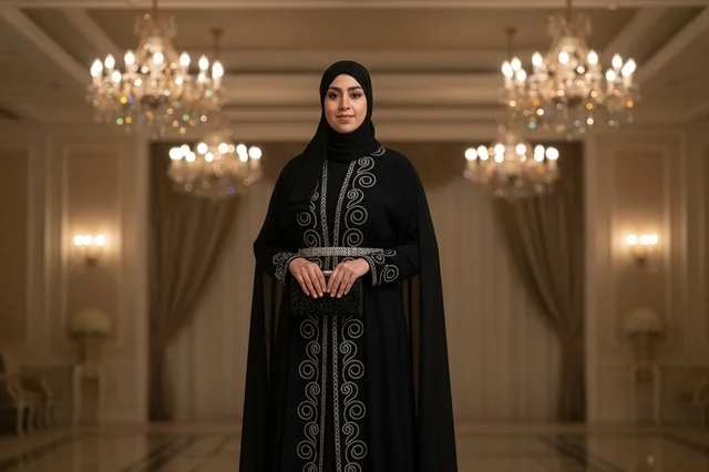 امرأة إماراتية بعباءة سوداء في قاعة فاخرة