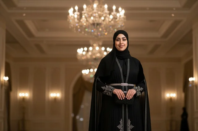 امرأة إماراتية بعباءة سوداء في قاعة فاخرة