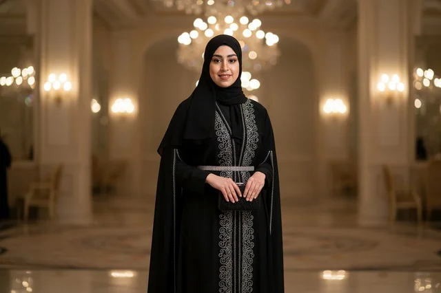 امرأة سعودية بعباءة سوداء مطرزة في ردهة فاخرة