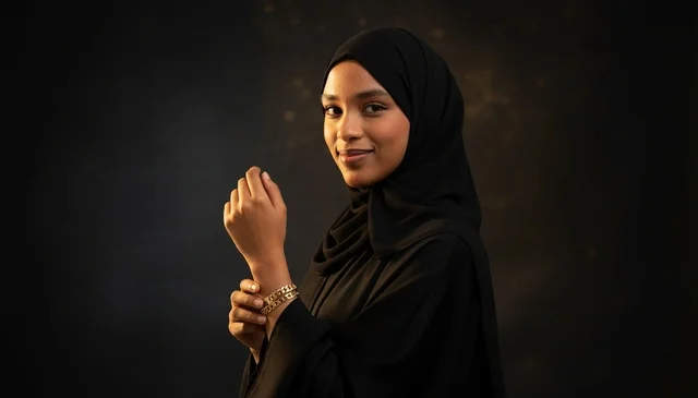 امرأة عربية بالحجاب الأسود وسوار ذهبي في الاستوديو