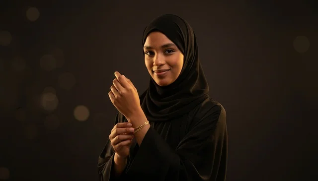 امرأة إماراتية بالعباءة السوداء مع سوار ذهبي