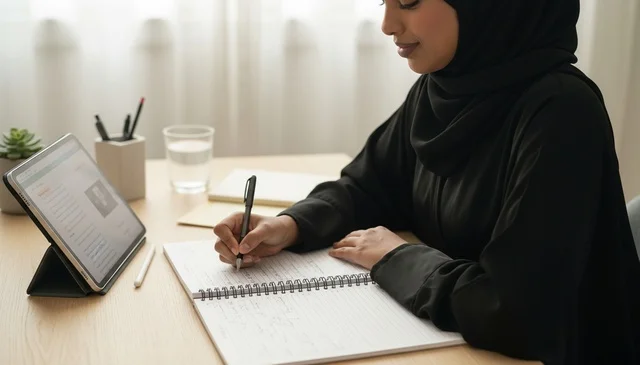سيدة سعودية تكتب في دفتر ملاحظات مع جهاز لوحي