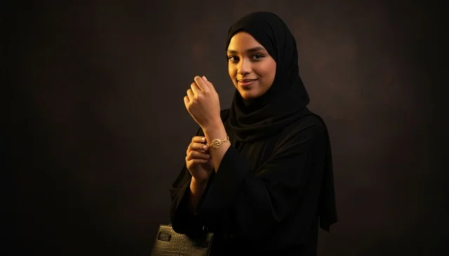 An Emirati woman in a black abaya carrying a luxury handbag.