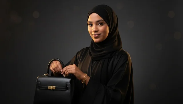 Emirati Woman in Black Abaya Holding Luxury Handbag
