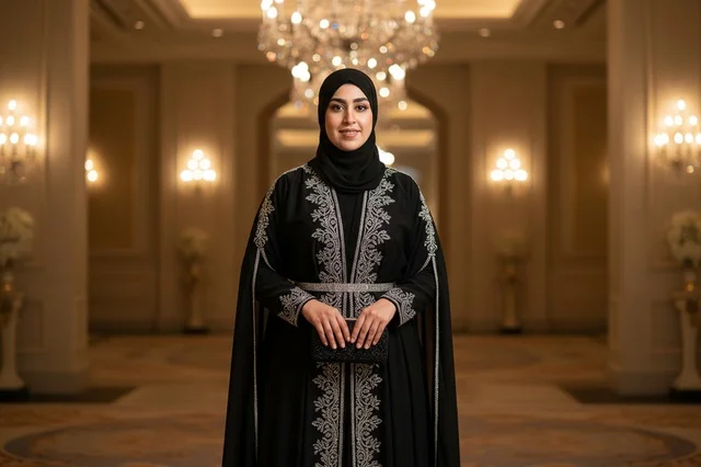 Emirati Woman in Black Embroidered Abaya in Luxury Hall