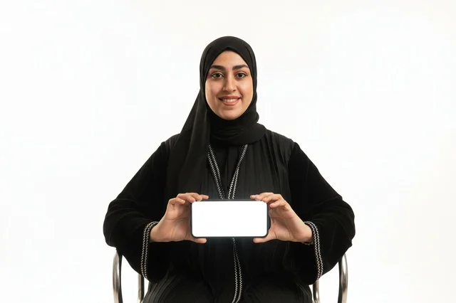 Saudi Woman Holding Smartphone with Blank Screen
