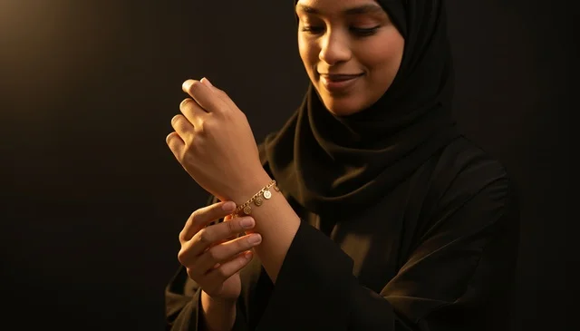 امرأة إماراتية ترتدي سواراً ذهبياً وعباءة سوداء