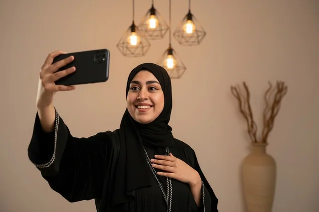 Emirati Woman in Black Abaya Taking Selfie