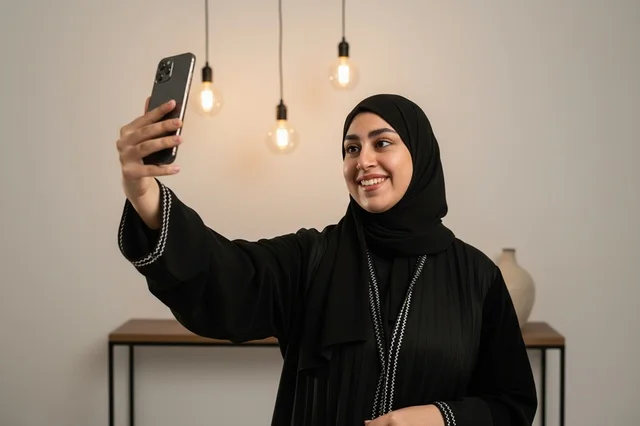 Emirati Woman in Black Abaya Taking Selfie with Smartphone