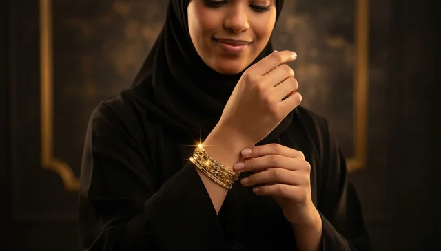 Saudi Woman Wearing Gold Bangles in Abaya