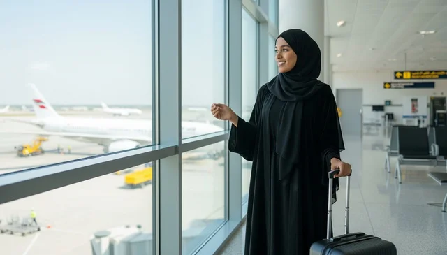 Emirati Woman at Airport Terminal with Suitcase