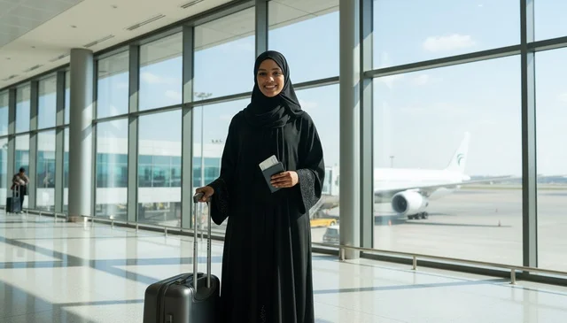 امرأة إماراتية في صالة المطار مع حقيبة سفر