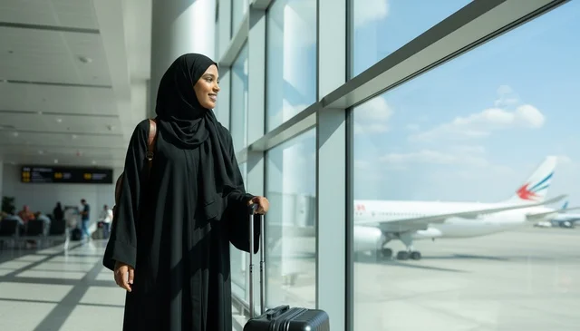 Arab Woman in Abaya with Suitcase at Airport