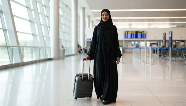 Arab Woman in Abaya Walking in Airport with Suitcase