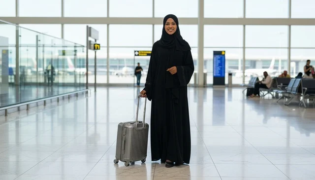 امرأة عربية مع حقيبة سفر في صالة مطار حديثة