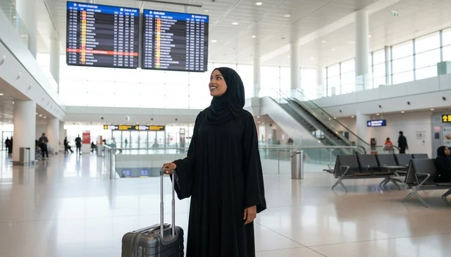 امرأة إماراتية مع حقيبة سفر في صالة مطار حديثة