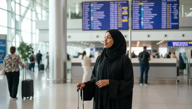 Emirati Woman with Suitcase in Airport Terminal