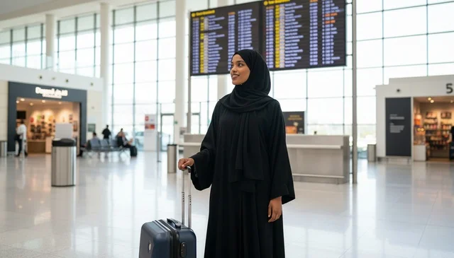 امرأة إماراتية مع حقيبة سفر في صالة المطار