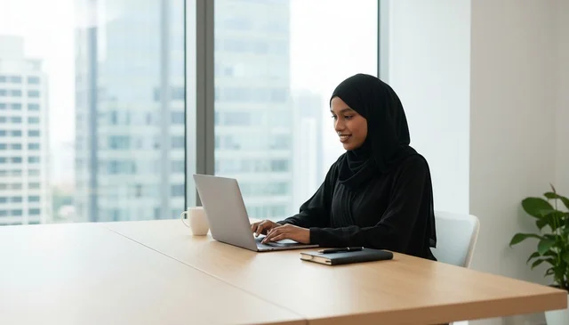 Saudi Woman Working on Laptop in Modern Office