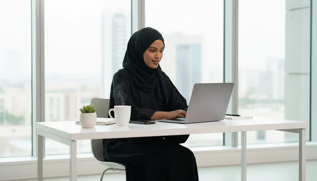 Emirati Woman Working on Laptop in Modern Office