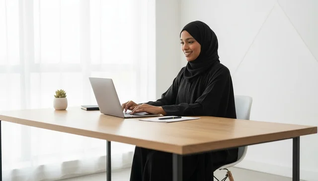 امرأة إماراتية تعمل على كمبيوتر محمول في مكتب ساطع