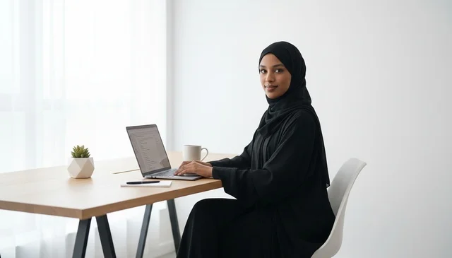 Saudi Businesswoman in Abaya Working on Laptop
