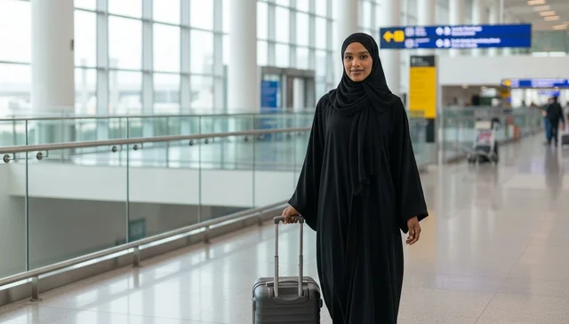 Emirati Woman in Abaya at Airport Terminal with Suitcase