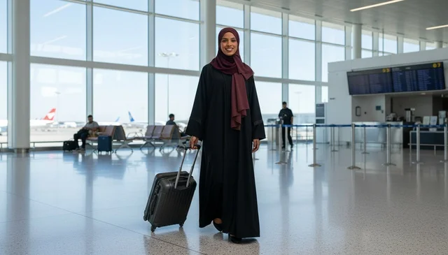 امرأة عربية مع حقيبة سفر في صالة المطار