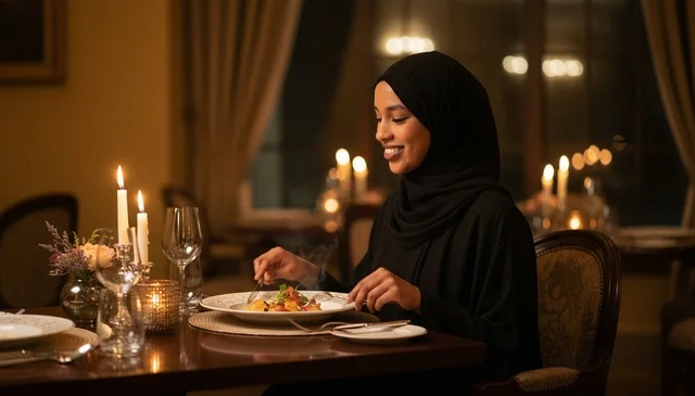 Smiling Woman in Hijab Dining at Candlelit Restaurant
