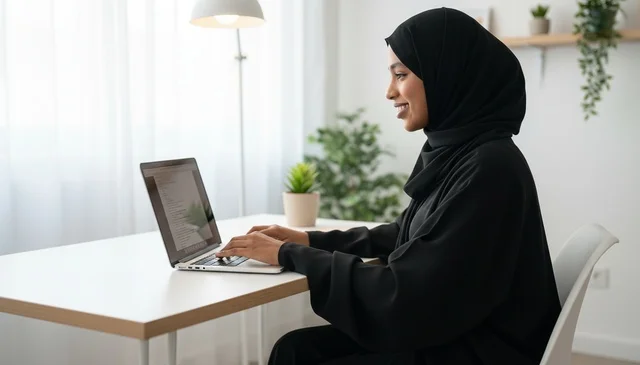 Emirati Woman in Abaya Working on Laptop at Home