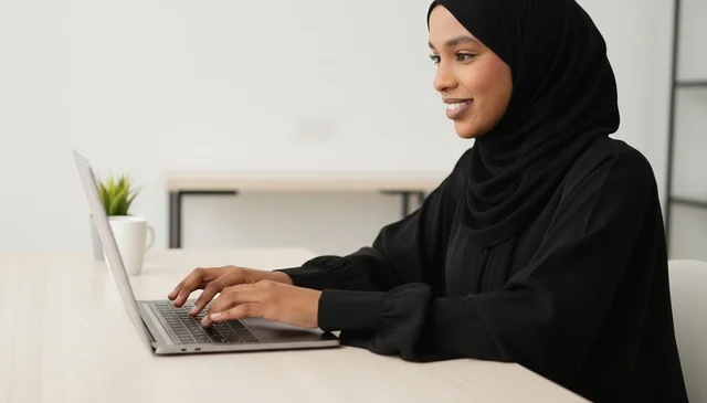 African Woman in Hijab Working on Laptop in Office