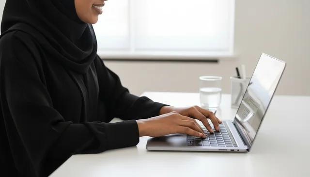 Saudi Woman in Abaya Typing on Laptop at Desk