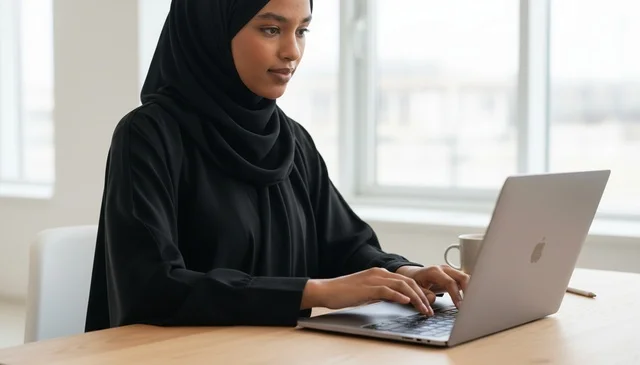 Arab Woman in Hijab Working on Laptop in Office