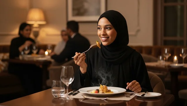 Arab Woman in Hijab Dining at Luxury Restaurant