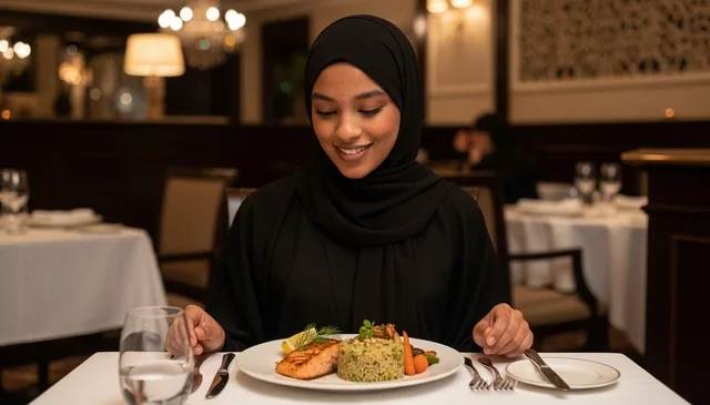 Emirati Woman Dining in Luxury Restaurant with Salmon Plate