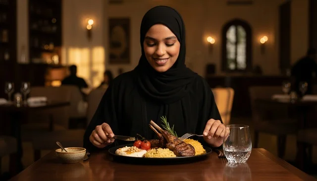 Arab Woman in Hijab Eating Dinner in Luxury Restaurant