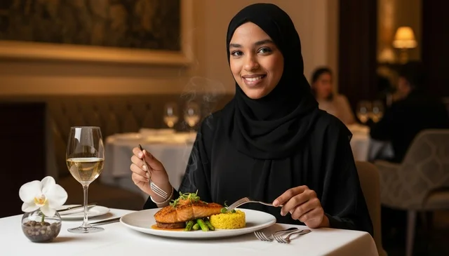 Arab Woman in Abaya Dining at Luxury Restaurant