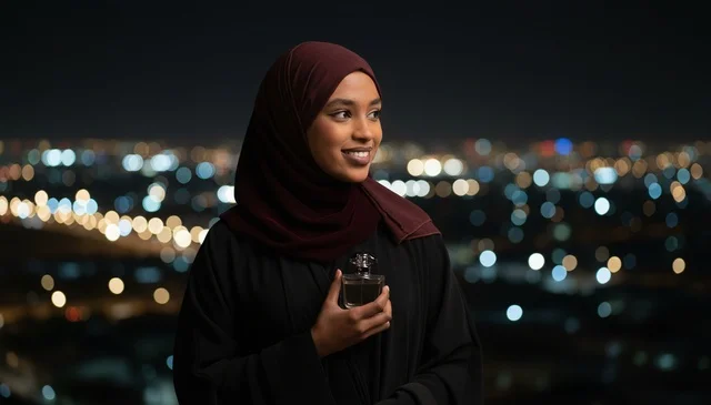 African Woman in Hijab Holding Perfume at Night