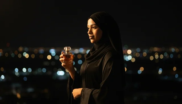 Saudi Woman Holding Perfume Bottle at Night