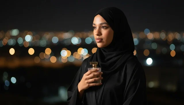 امرأة سعودية مع زجاجة عطر ليلاً