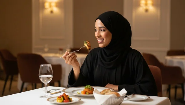 Arab Woman in Hijab and Abaya Eating at Restaurant
