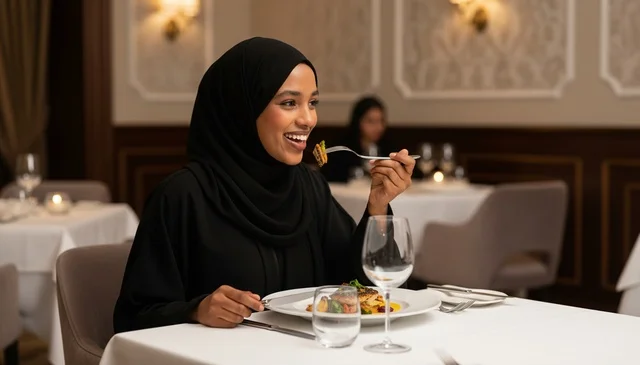 Arab Woman in Hijab Eating Dinner in Luxury Restaurant
