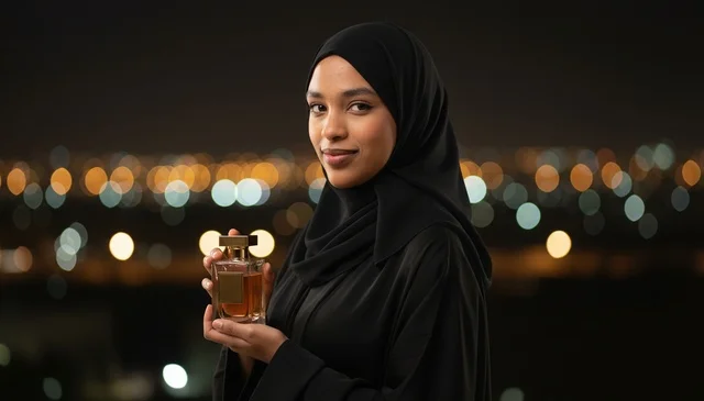 Arab Woman Holding Perfume Bottle Night City Skyline