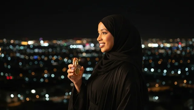 Emirati Woman with Perfume Against Night City Skyline