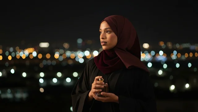 امرأة سعودية تحمل زجاجة عطر أمام أضواء المدينة ليلاً