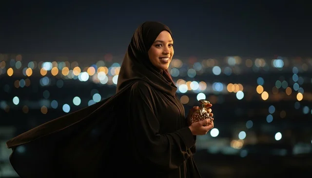 امرأة سعودية تحمل زجاجة عطر ذهبية وأضواء المدينة