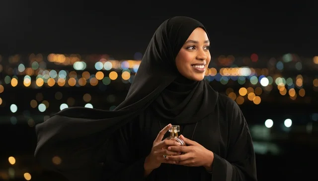 امرأة سودانية بالعباءة تحمل زجاجة عطر في الليل